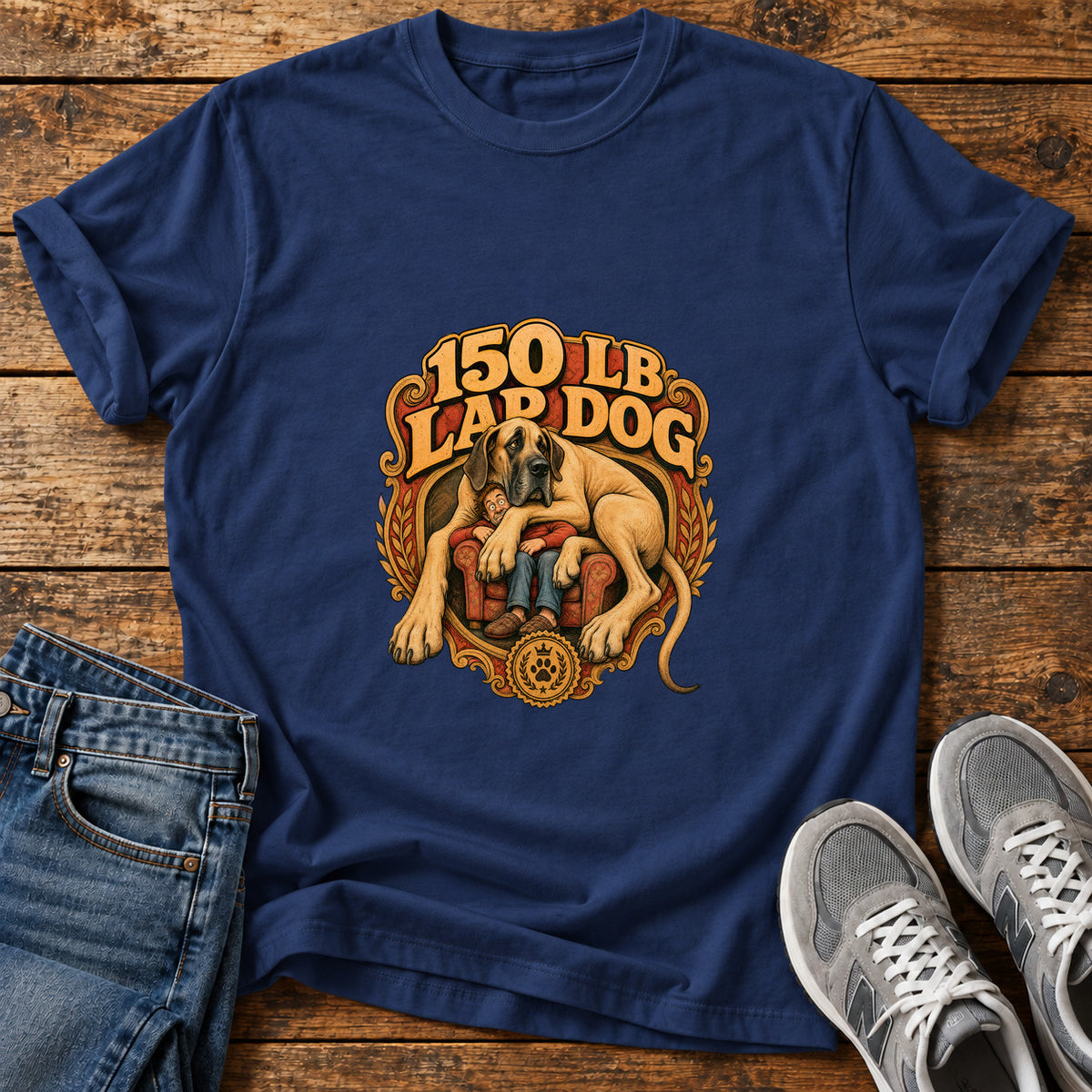 150 Lb Lapdog Great Dane graphic T-shirt in Navy, shown on a flat-lay shirt mockup