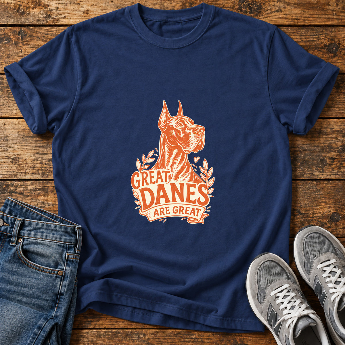 Great Danes Great graphic T-shirt in Navy, shown on a flat-lay shirt mockup