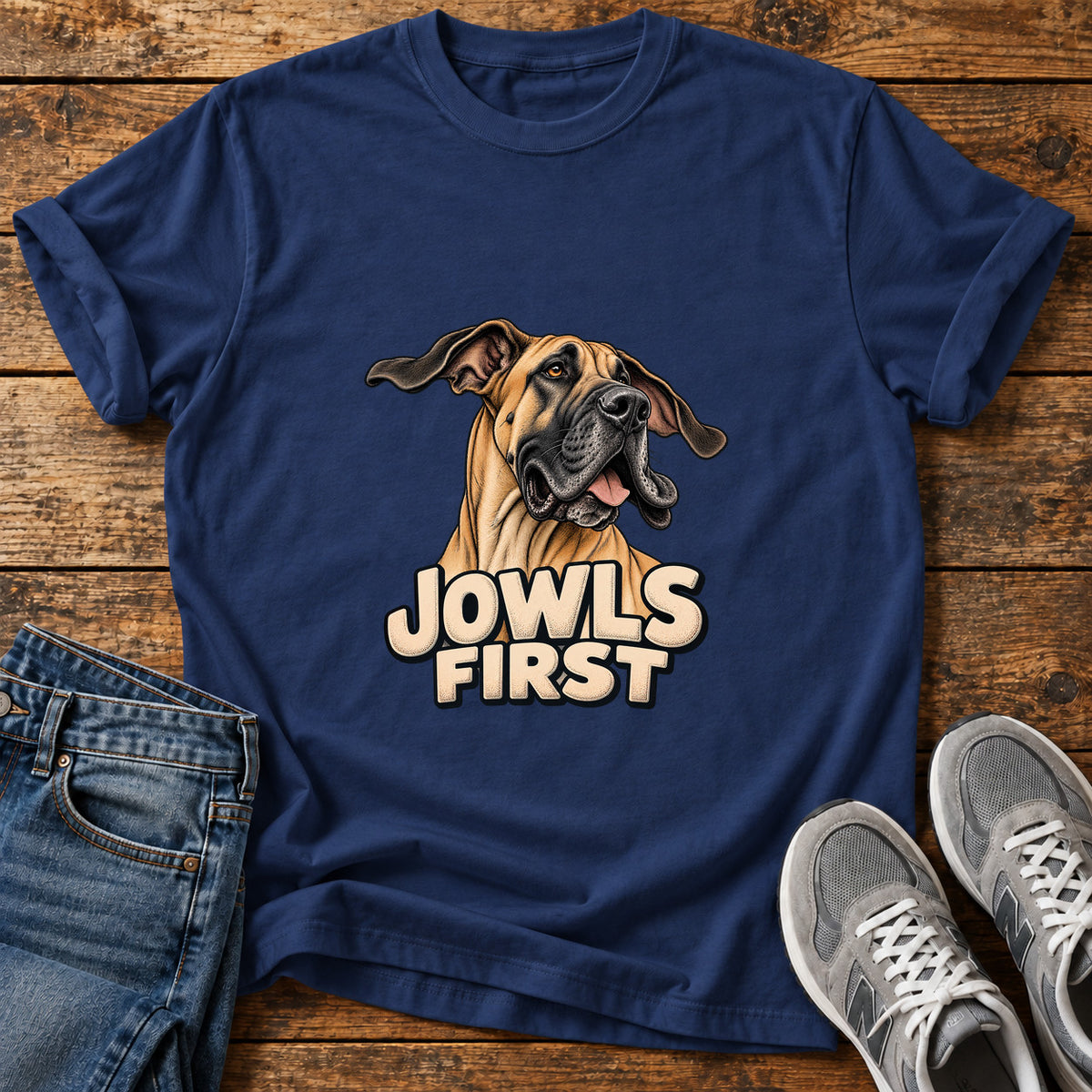 Jowls First Great Dane graphic T-shirt in Navy, shown on a flat-lay shirt mockup