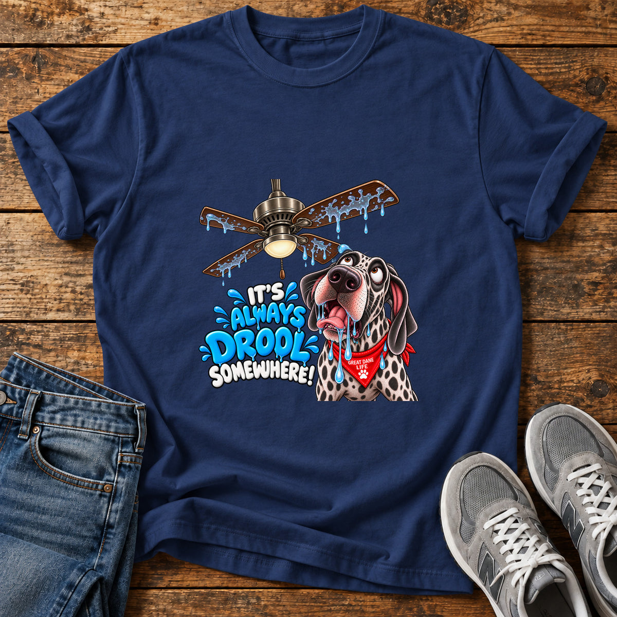 Drool Everywhere Great Dane graphic T-shirt in Navy, shown on a flat-lay shirt mockup