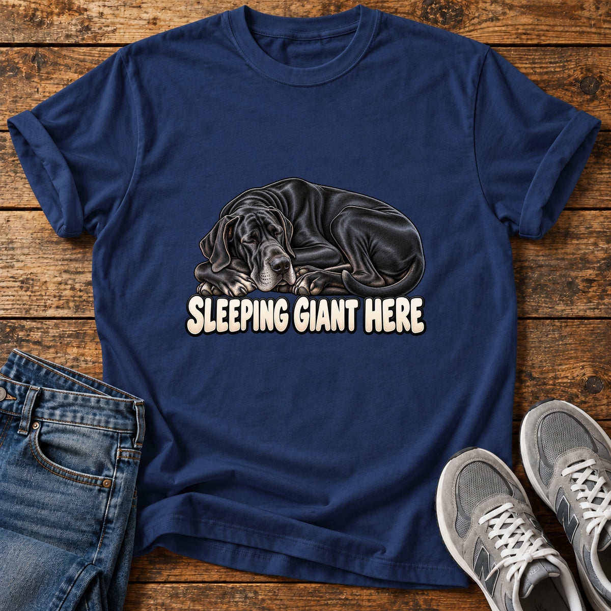 Sleeping Giant Great Dane graphic T-shirt in Navy, shown on a flat-lay shirt mockup