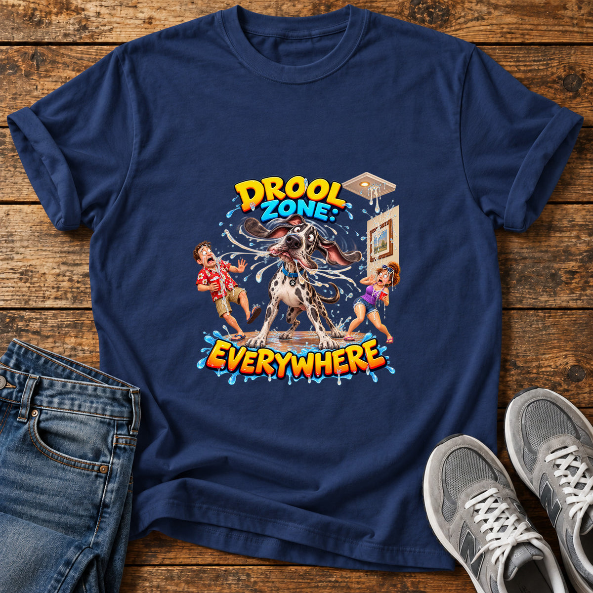 Drool Zone Everywhere Great Dane graphic T-shirt in Navy, shown on a flat-lay shirt mockup