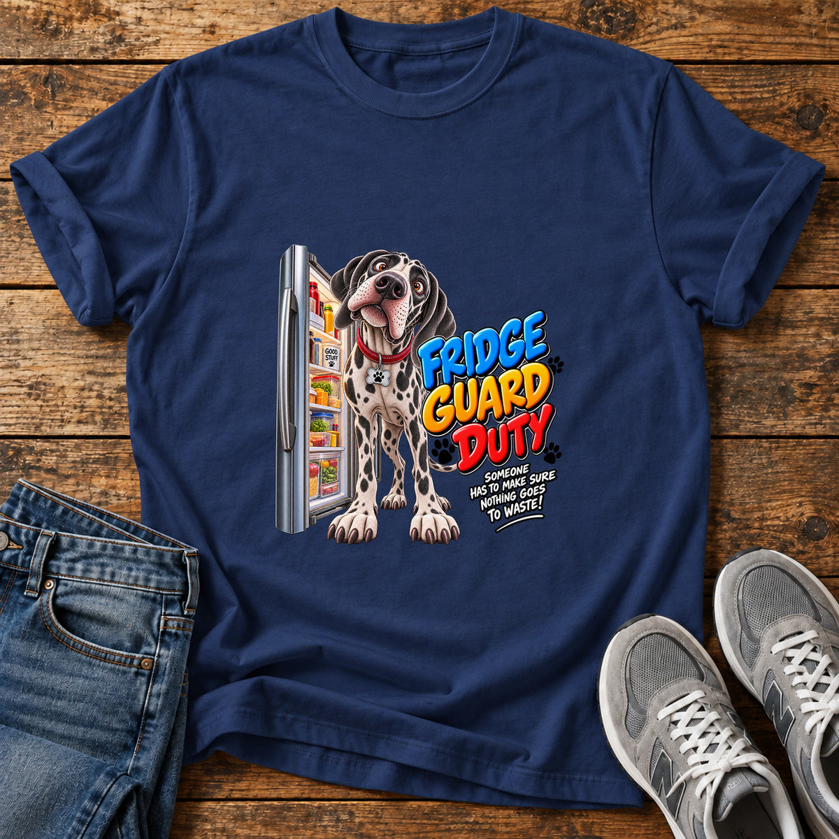 Fridge Guard Duty Great Dane graphic T-shirt in Navy, shown on a flat-lay shirt mockup