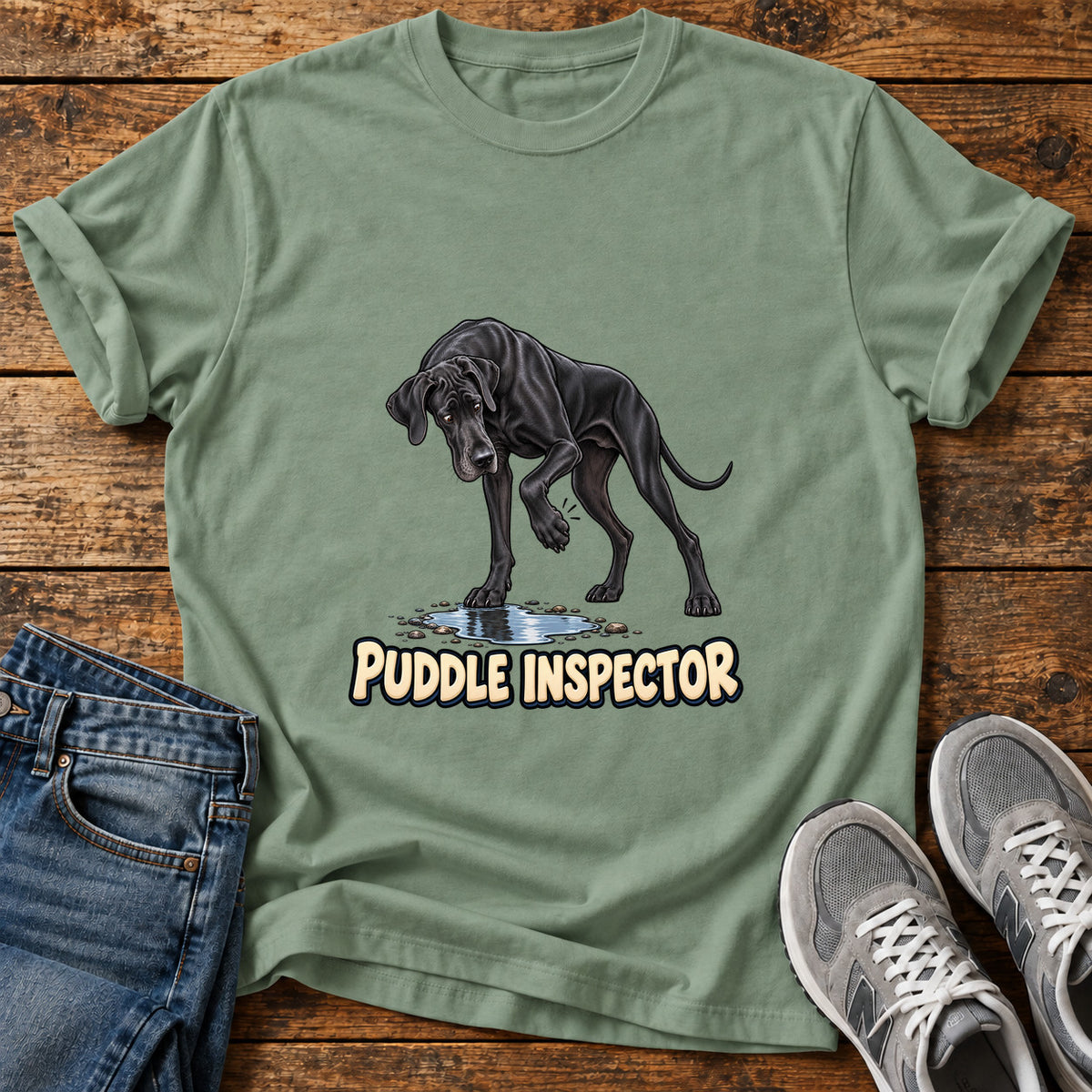 Puddle Inspector Great Dane graphic T-shirt in Sage, shown on a flat-lay shirt mockup