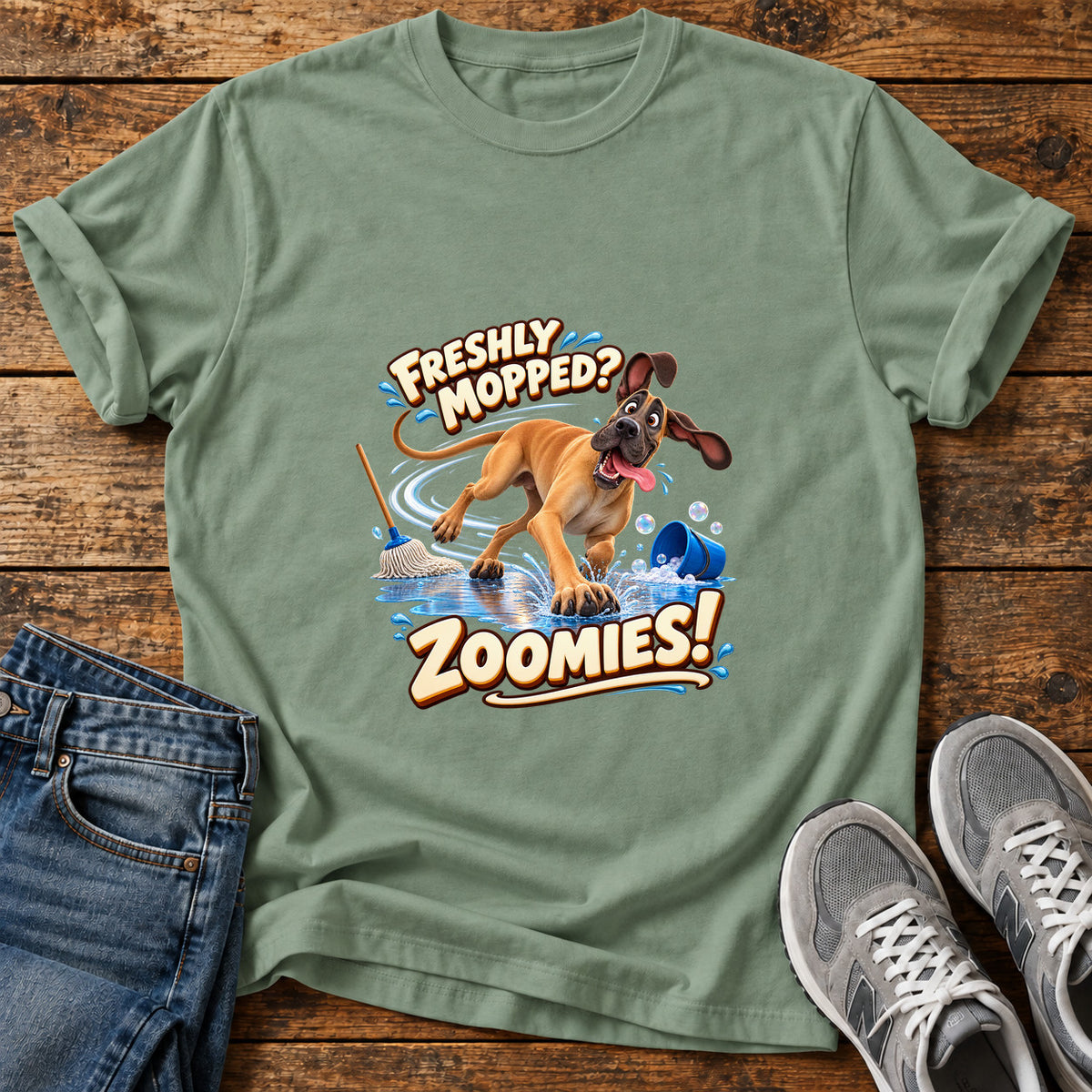 Freshly Mopped Zoomies Great Dane graphic T-shirt in Sage, shown on a flat-lay shirt mockup