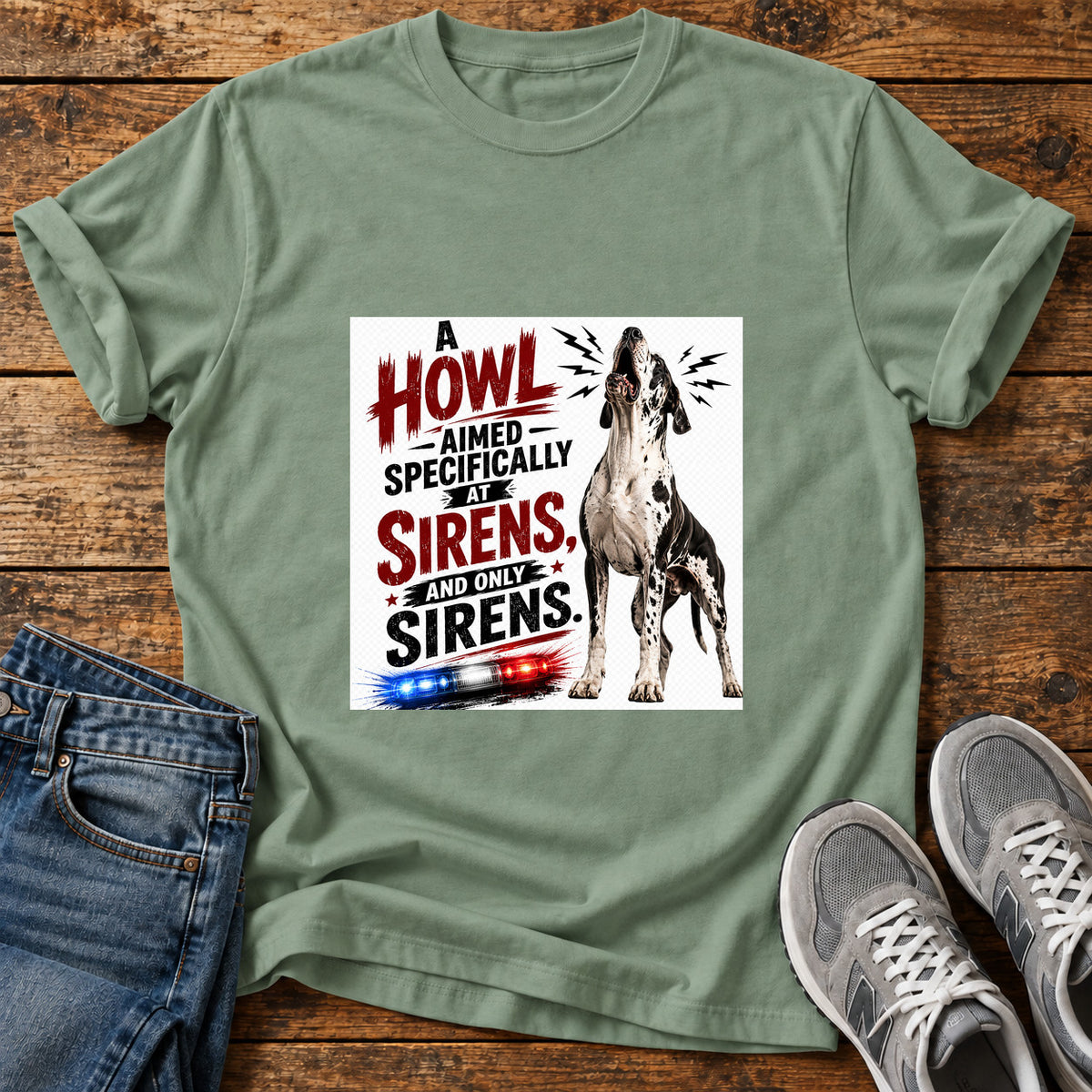 Howl Siren Dog Great Dane graphic T-shirt in Sage, shown on a flat-lay shirt mockup