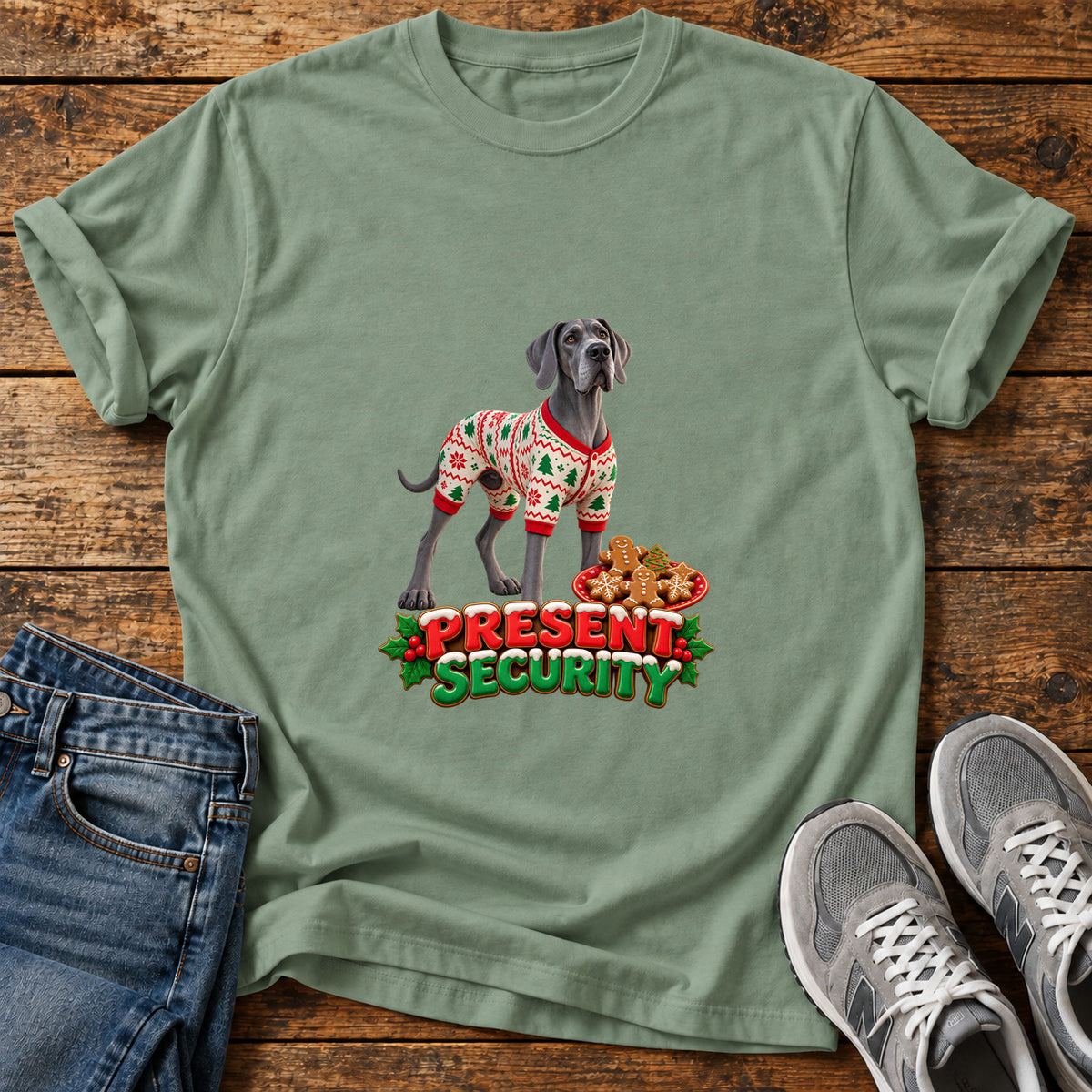 Present Security Great Dane graphic T-shirt in Sage, shown on a flat-lay shirt mockup