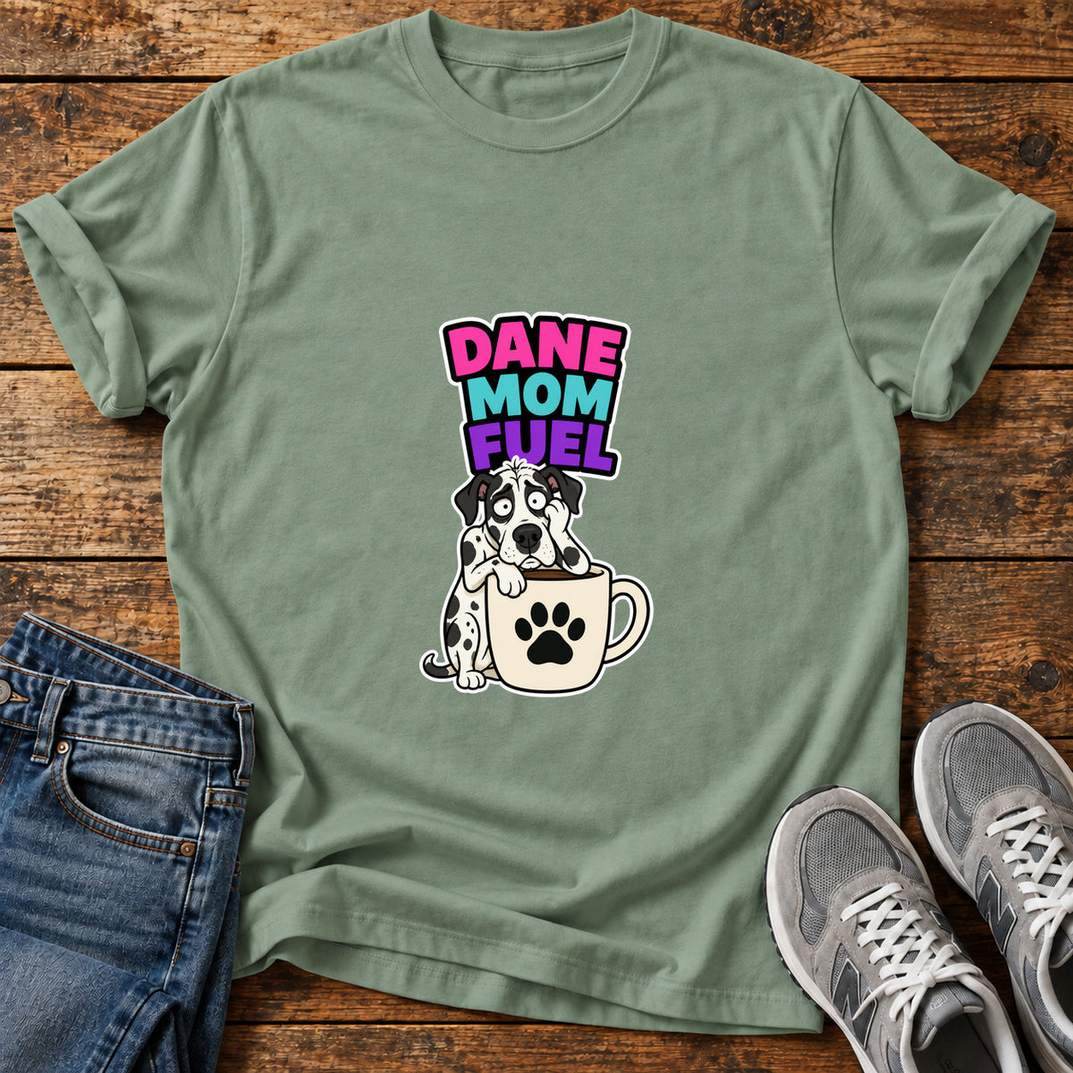 Dane Mom Fuel Great Dane graphic T-shirt in Sage, shown on a flat-lay shirt mockup