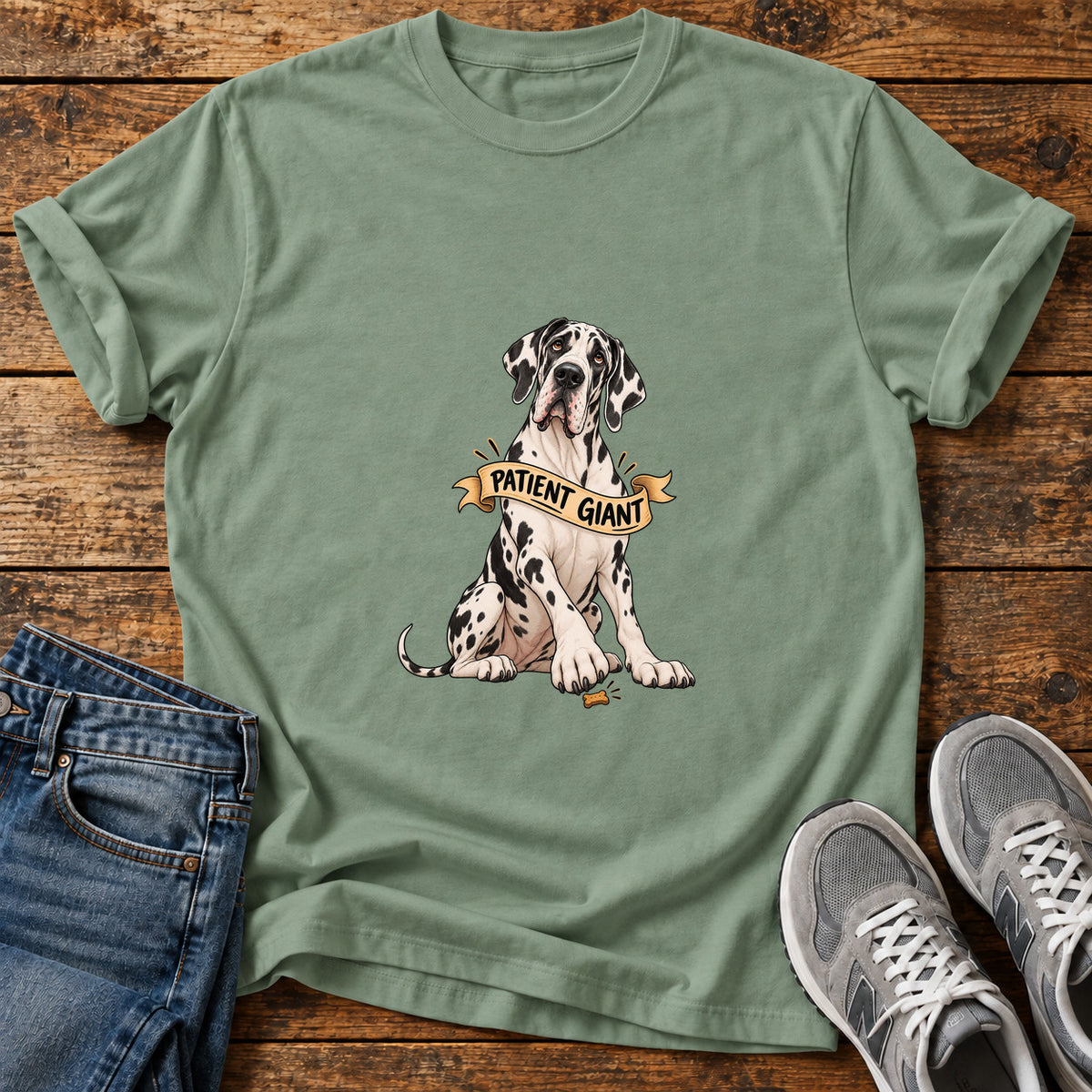Patient Giant Great Dane graphic T-shirt in Sage, shown on a flat-lay shirt mockup