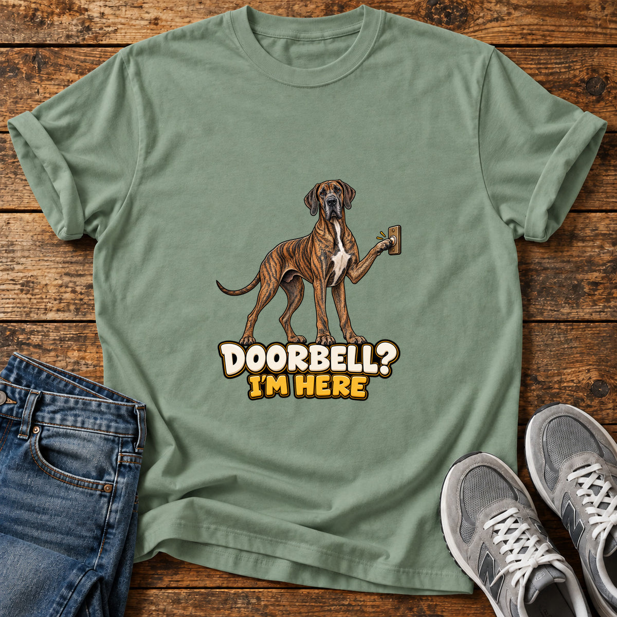 Doorbell Guardian Great Dane graphic T-shirt in Sage, shown on a flat-lay shirt mockup