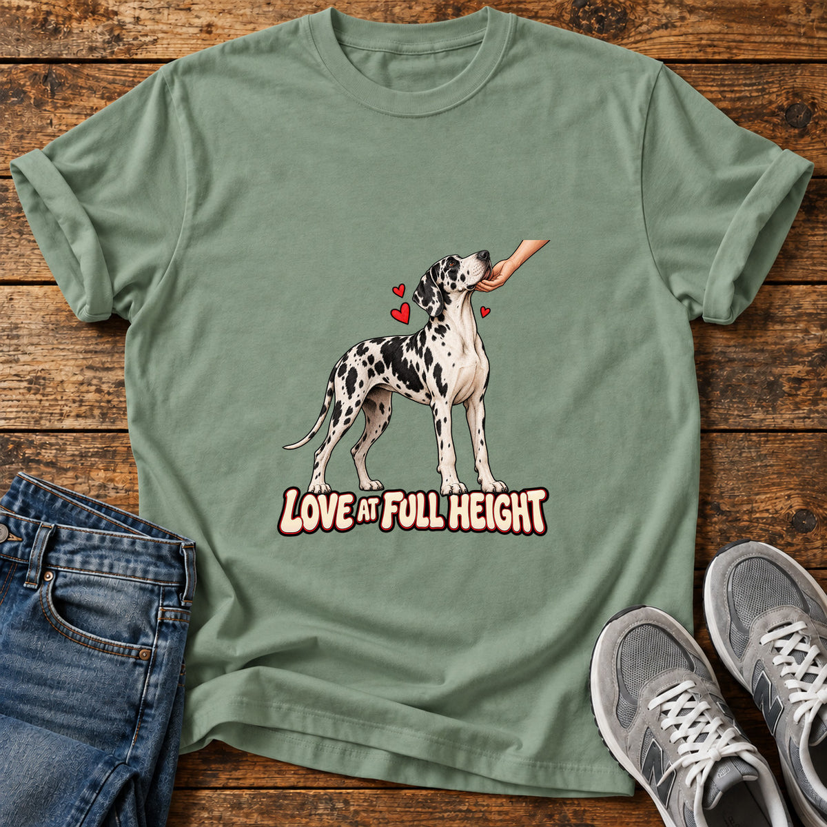 Love At Full Great Dane graphic T-shirt in Sage, shown on a flat-lay shirt mockup