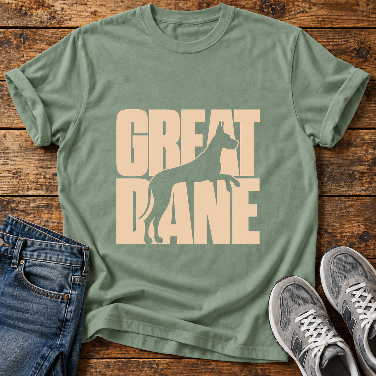 Great Dane graphic T-shirt in Sage, shown on a flat-lay shirt mockup