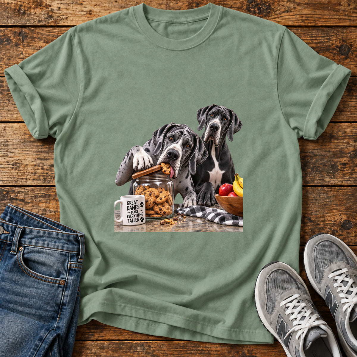 Great Danes Taller graphic T-shirt in Sage, shown on a flat-lay shirt mockup