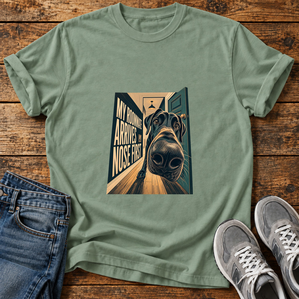 Nose First Roommate Great Dane graphic T-shirt in Sage, shown on a flat-lay shirt mockup