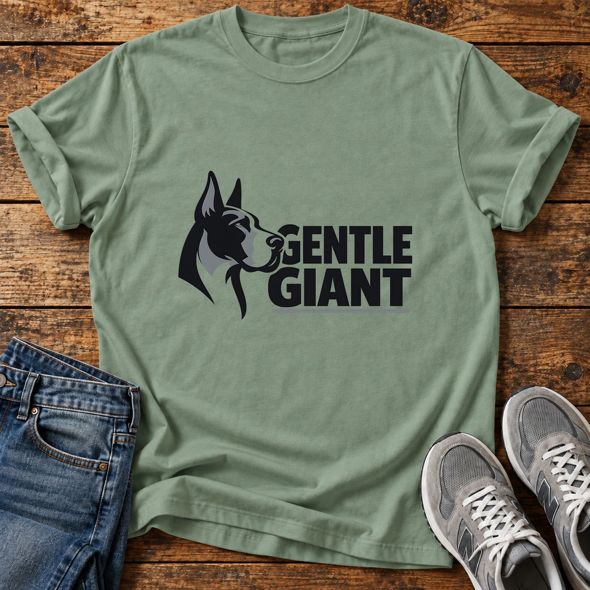 Gentle Giant Great Dane graphic T-shirt in Sage, shown on a flat-lay shirt mockup