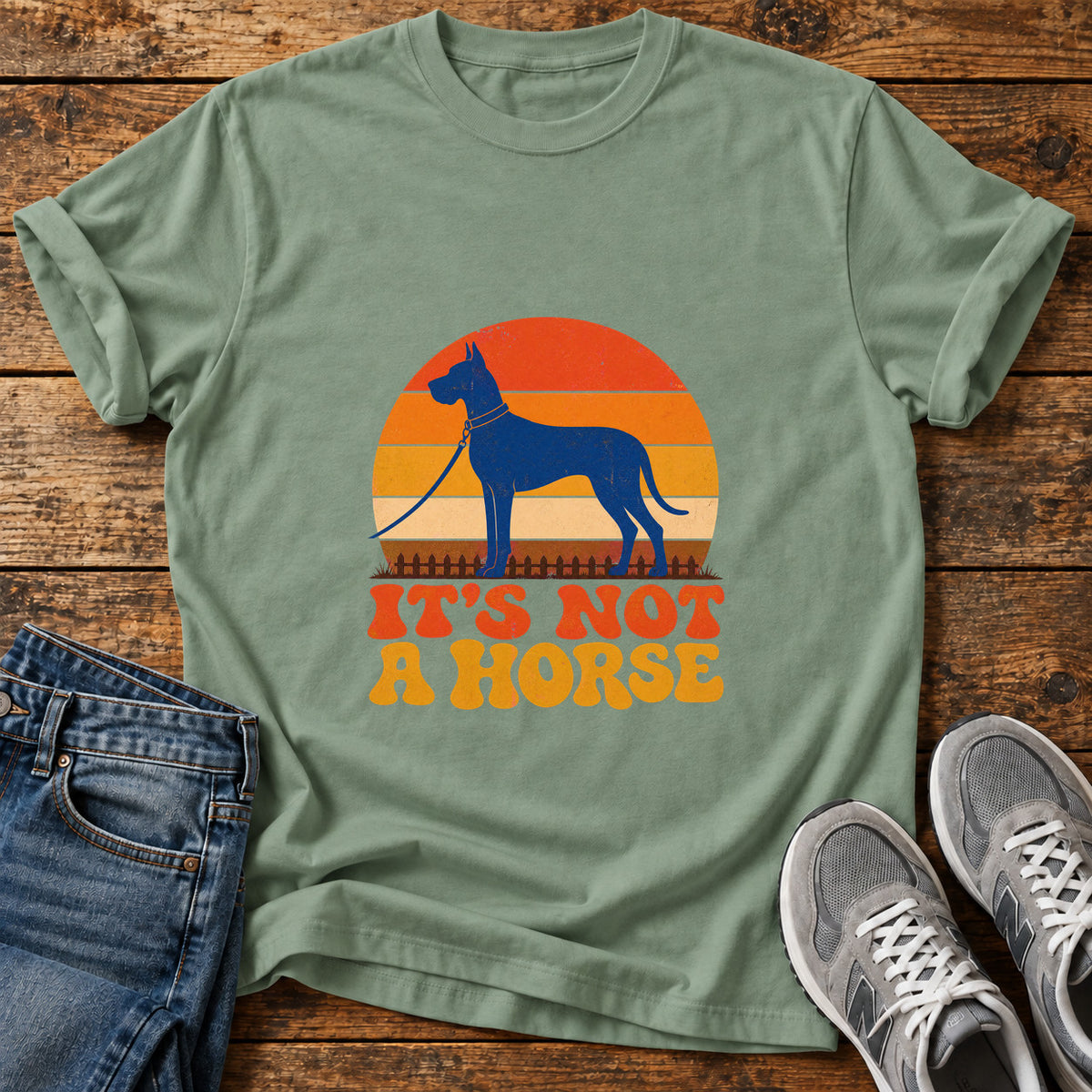 It's Not Horse Great Dane graphic T-shirt in Sage, shown on a flat-lay shirt mockup
