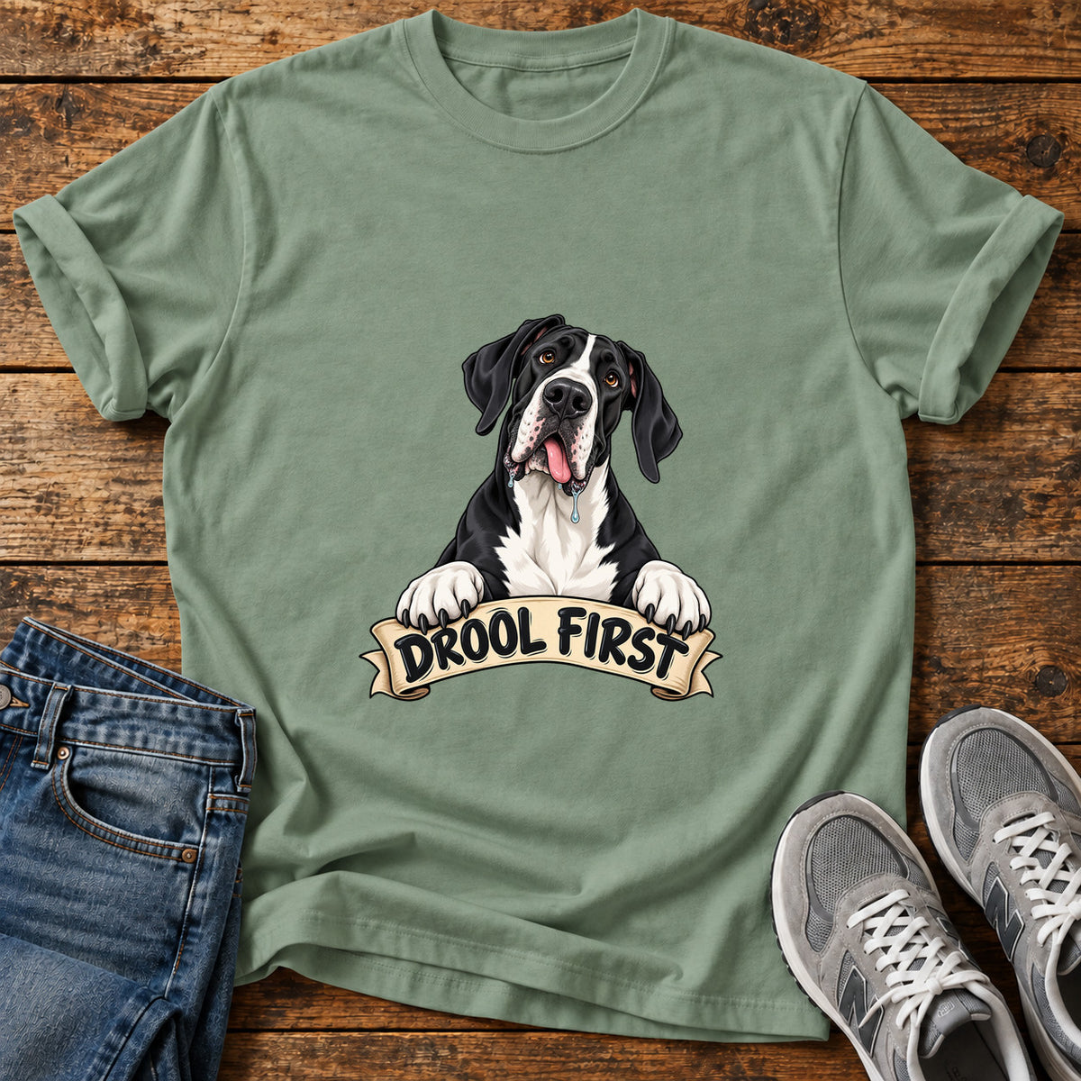 Drool First Great Dane graphic T-shirt in Sage, shown on a flat-lay shirt mockup