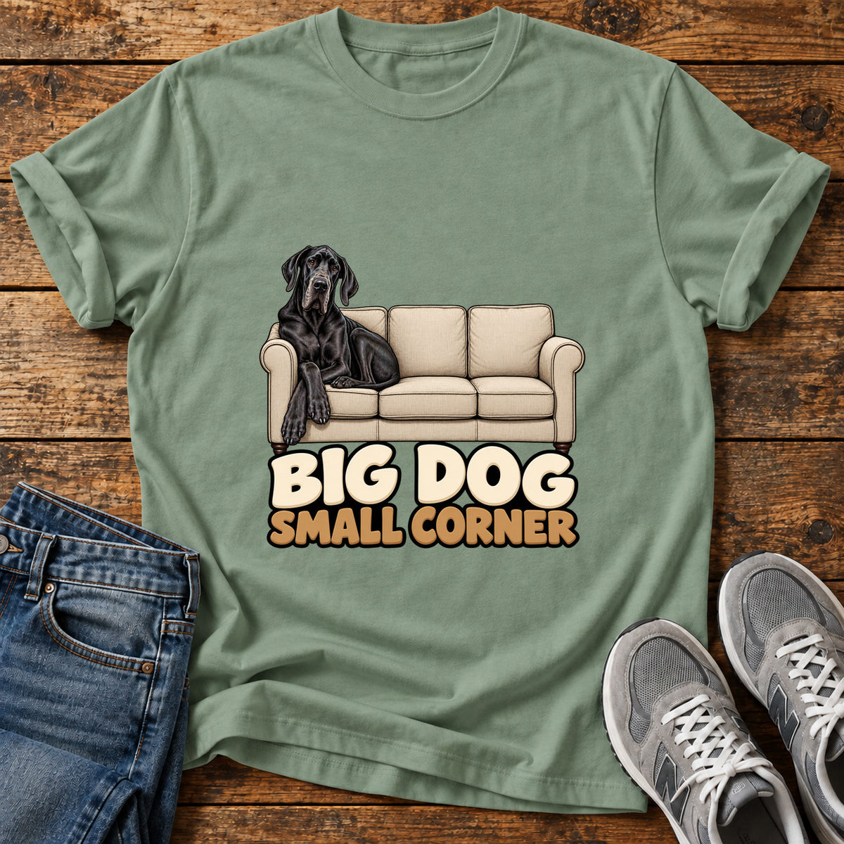 Big Dog Corner Great Dane graphic T-shirt in Sage, shown on a flat-lay shirt mockup
