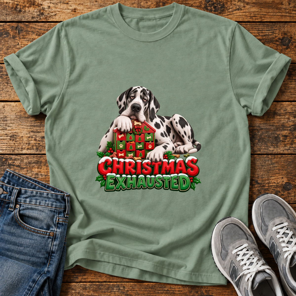 Christmas Exhausted Great Dane graphic T-shirt in Sage, shown on a flat-lay shirt mockup