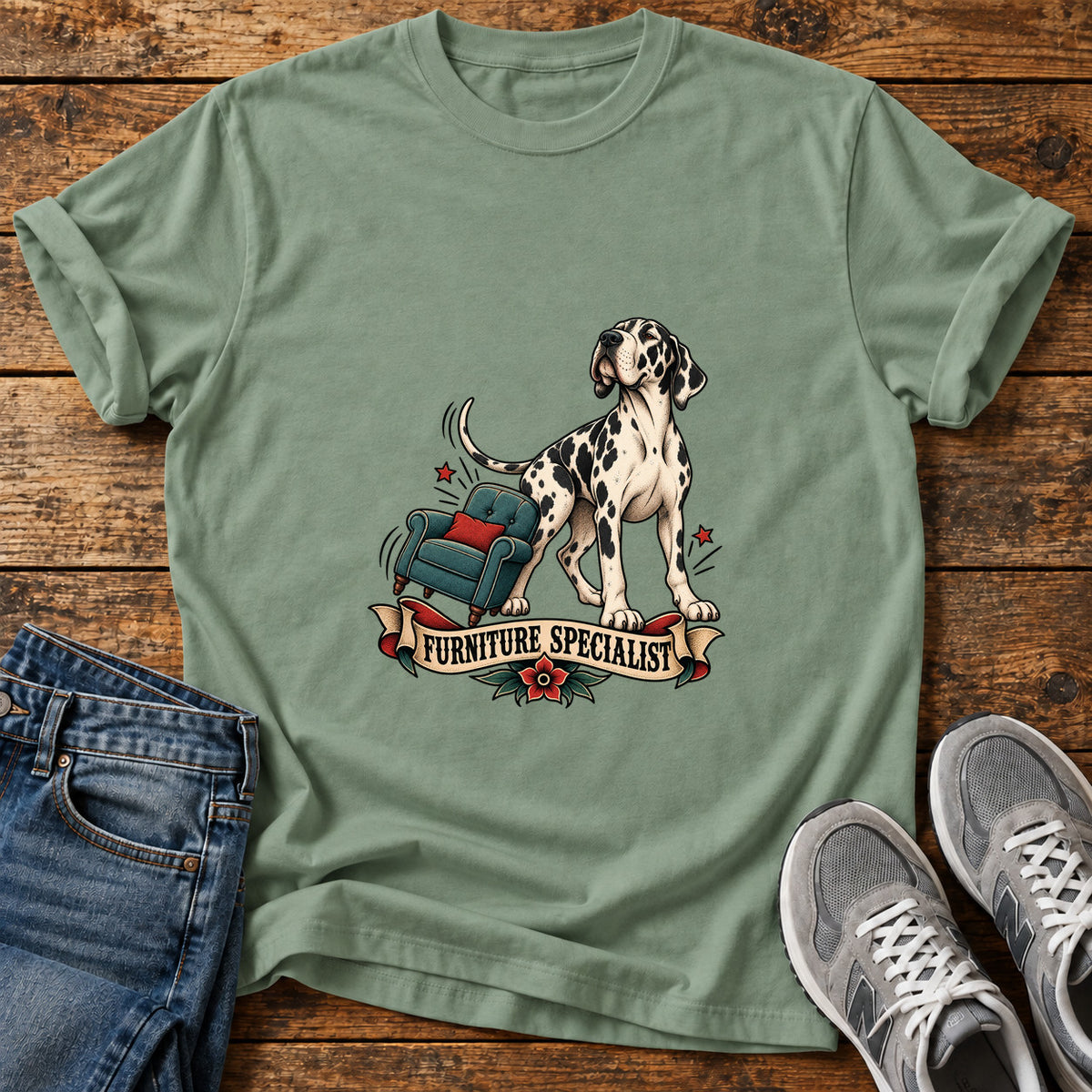 Furniture Specialist Great Dane graphic T-shirt in Sage, shown on a flat-lay shirt mockup