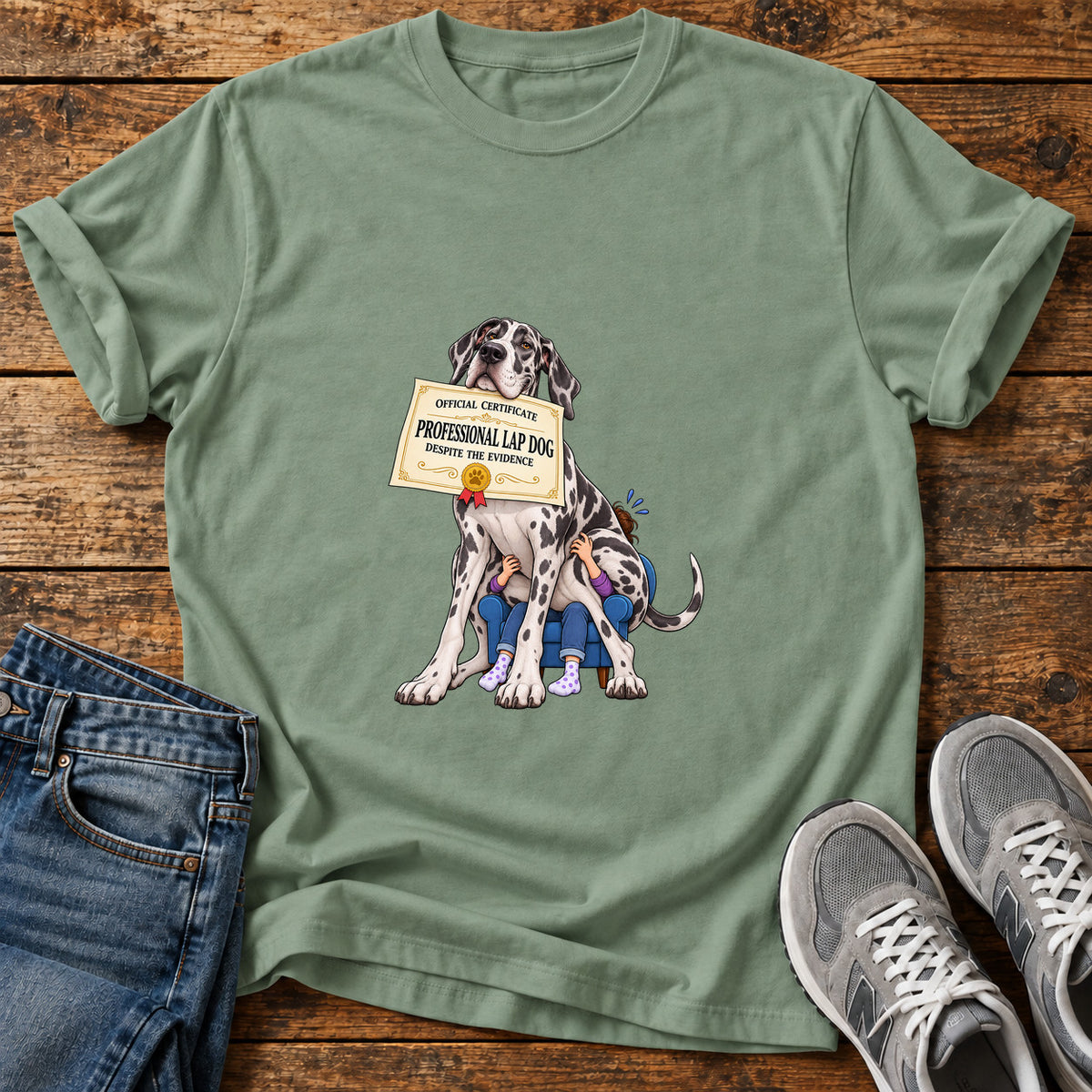 Professional Lapdog Great Dane graphic T-shirt in Sage, shown on a flat-lay shirt mockup