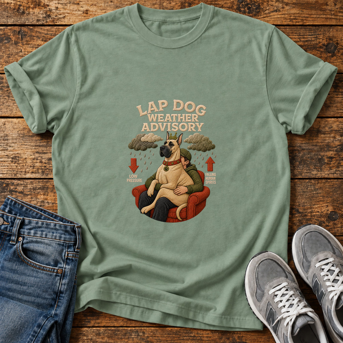 Lap Dog Weather Great Dane graphic T-shirt in Sage, shown on a flat-lay shirt mockup