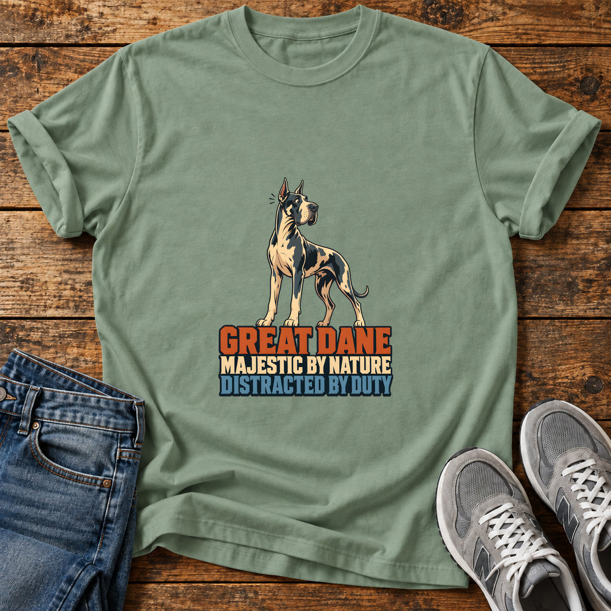 Great Dane Duty graphic T-shirt in Sage, shown on a flat-lay shirt mockup
