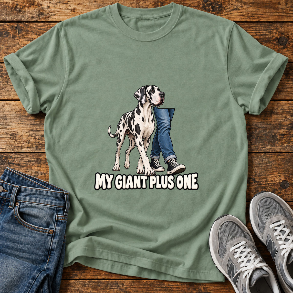 My Giant Plus Great Dane graphic T-shirt in Sage, shown on a flat-lay shirt mockup