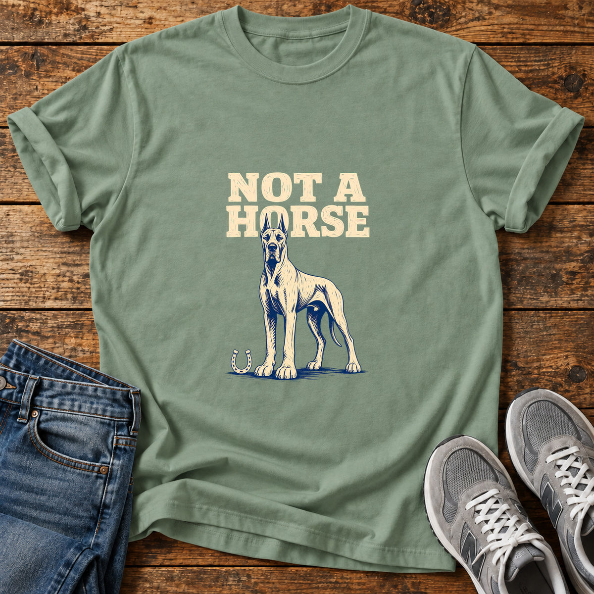 Not A Horse Great Dane graphic T-shirt in Sage, shown on a flat-lay shirt mockup