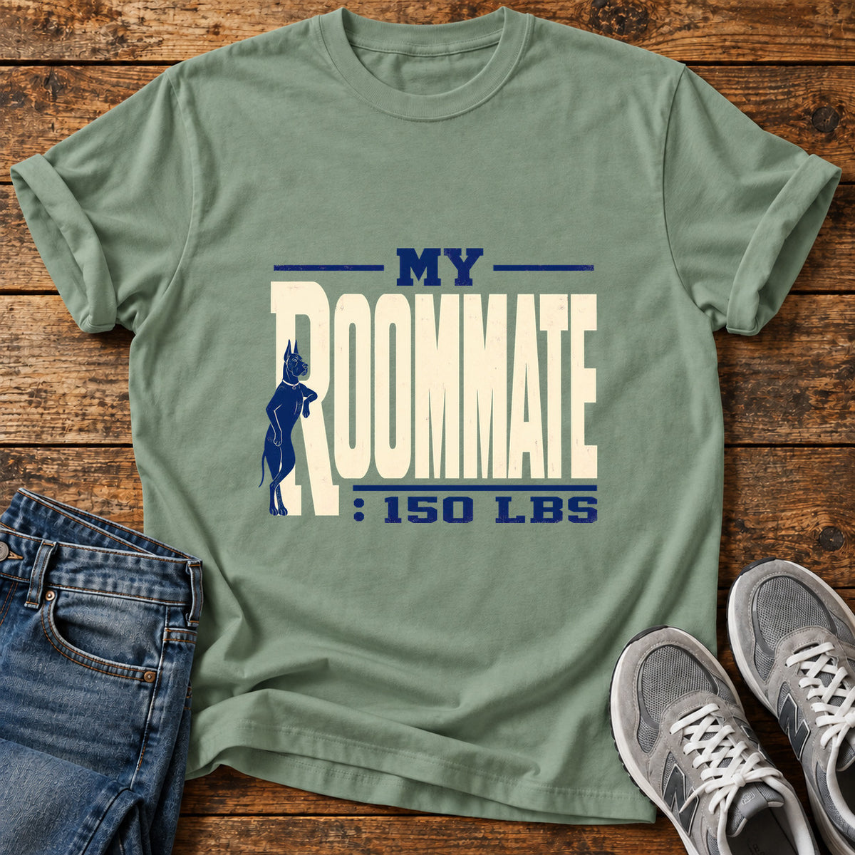 My Roommate Great Dane graphic T-shirt in Sage, shown on a flat-lay shirt mockup