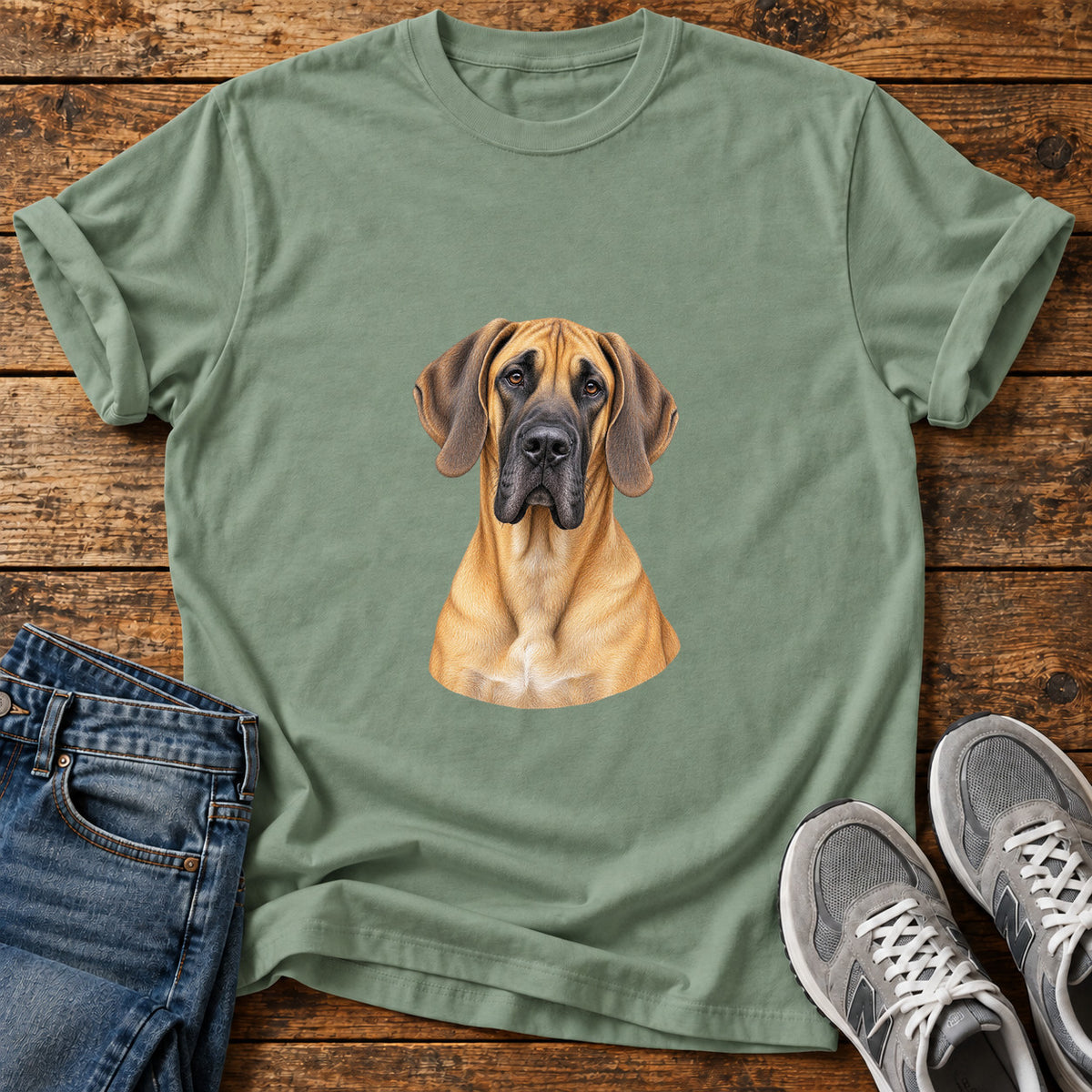 Majestic Dane Great Dane graphic T-shirt in Sage, shown on a flat-lay shirt mockup