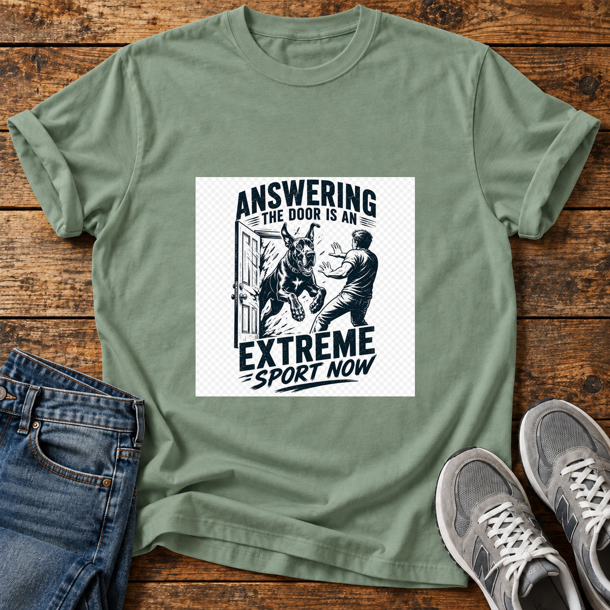 Extreme Sport Now Great Dane graphic T-shirt in Sage, shown on a flat-lay shirt mockup
