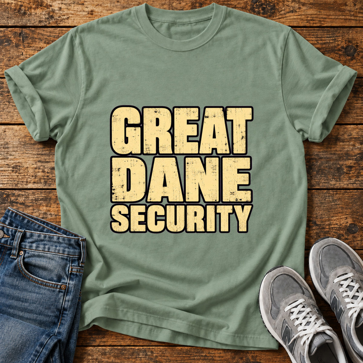 Great Dane Security graphic T-shirt in Sage, shown on a flat-lay shirt mockup