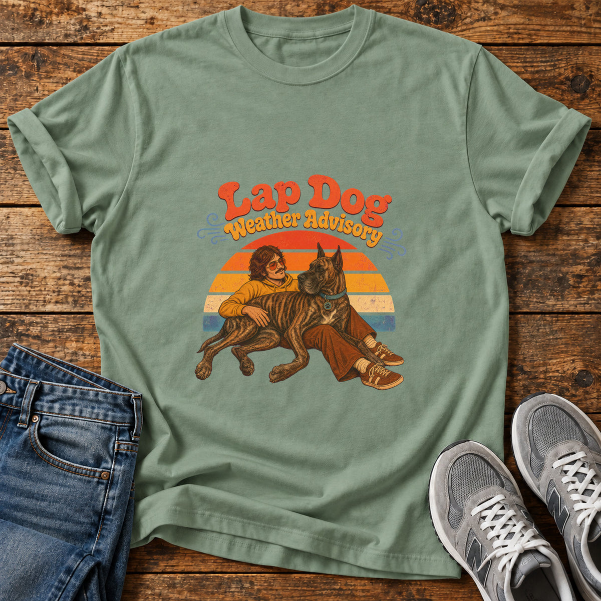 Lap Dog Advisory Great Dane graphic T-shirt in Sage, shown on a flat-lay shirt mockup
