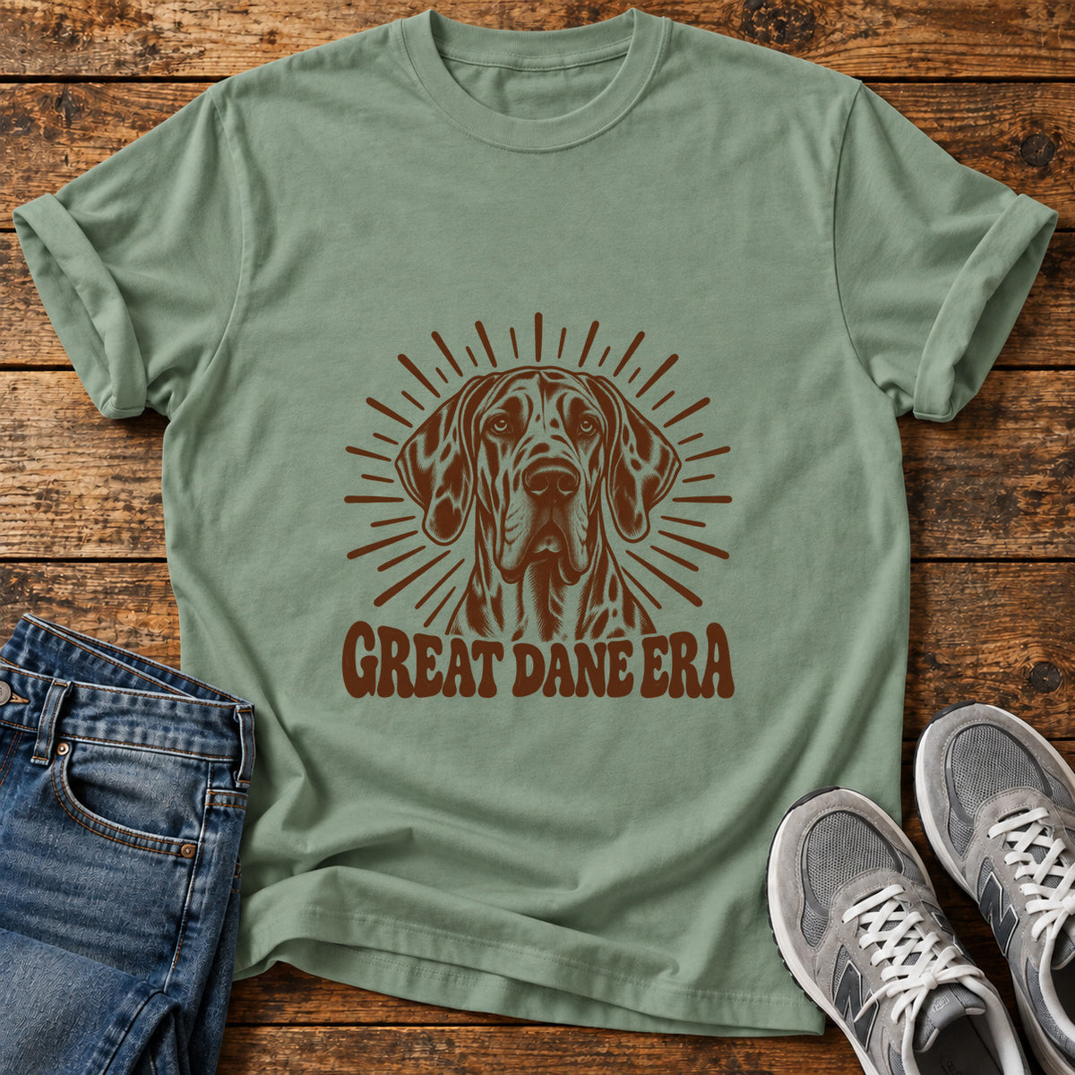 Great Dane Era graphic T-shirt in Sage, shown on a flat-lay shirt mockup