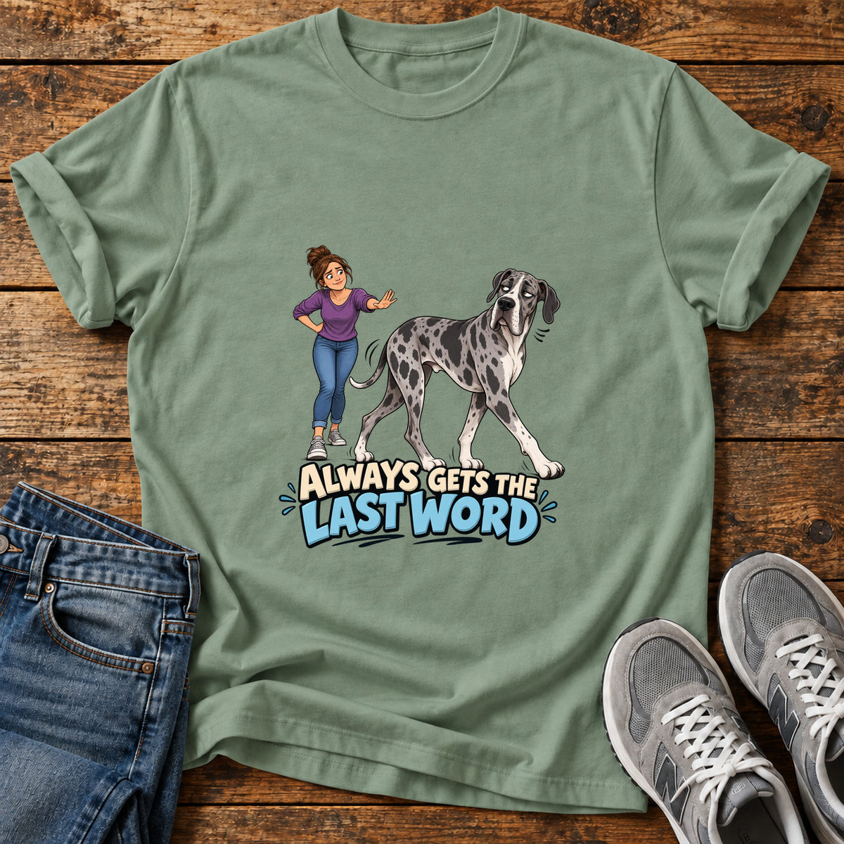 Last Word Wag Great Dane graphic T-shirt in Sage, shown on a flat-lay shirt mockup