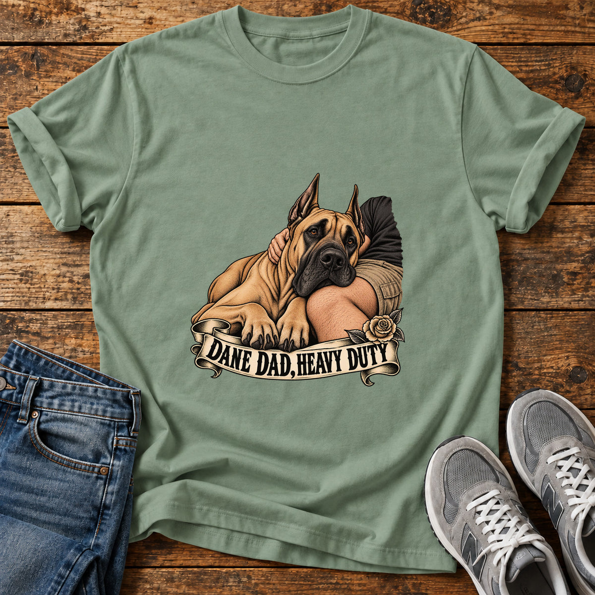 Dane Dad Duty Great Dane graphic T-shirt in Sage, shown on a flat-lay shirt mockup
