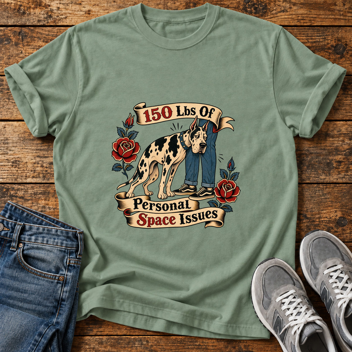 Personal Space Issues Great Dane graphic T-shirt in Sage, shown on a flat-lay shirt mockup