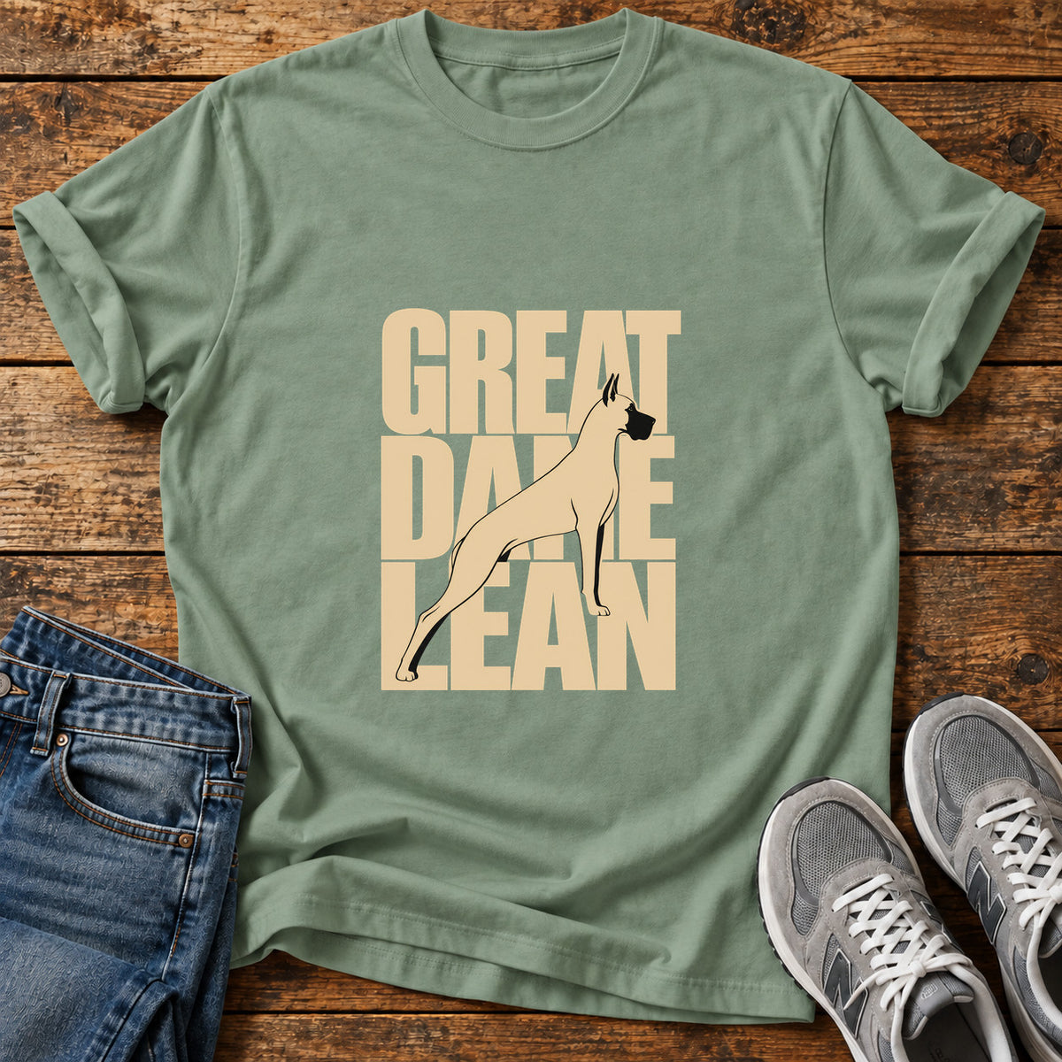Great Dane Lean graphic T-shirt in Sage, shown on a flat-lay shirt mockup
