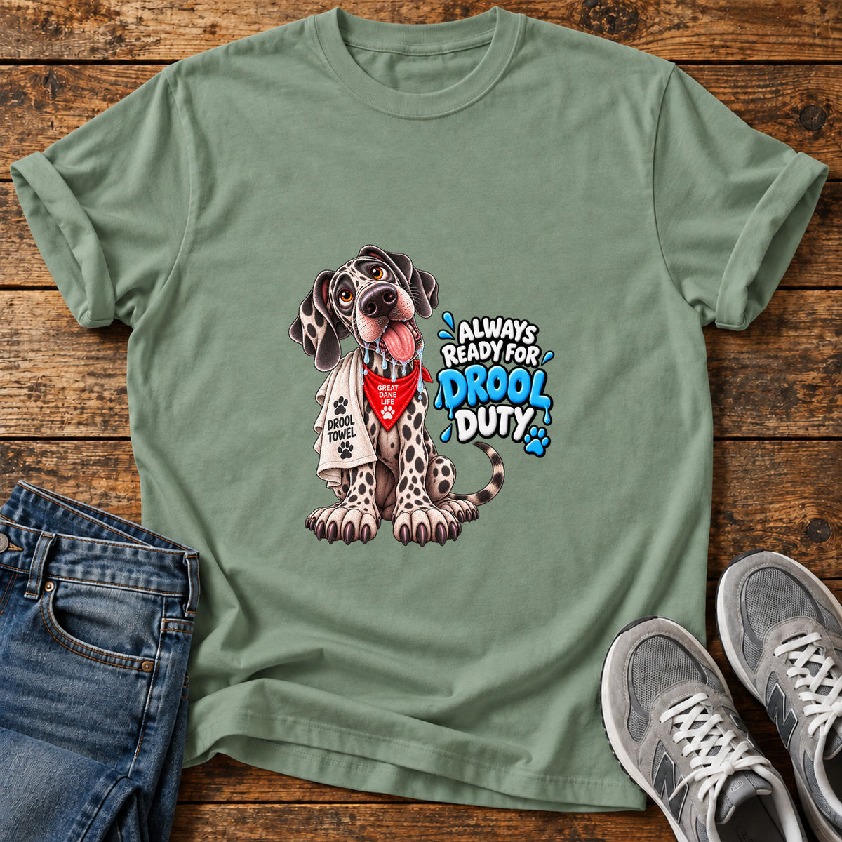 Drool Duty Great Dane graphic T-shirt in Sage, shown on a flat-lay shirt mockup