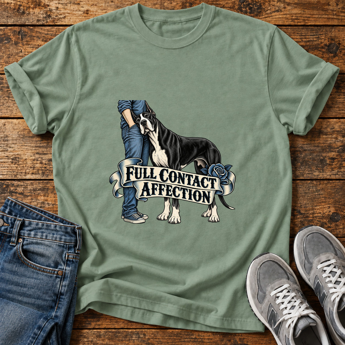 Full Contact Affection Great Dane graphic T-shirt in Sage, shown on a flat-lay shirt mockup