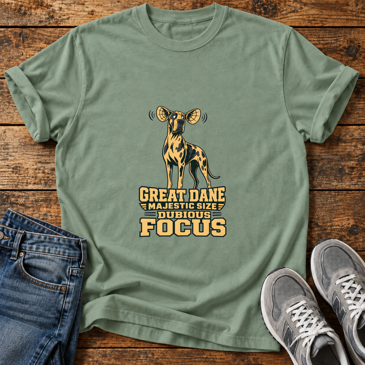 Dubious Focus Great Dane graphic T-shirt in Sage, shown on a flat-lay shirt mockup