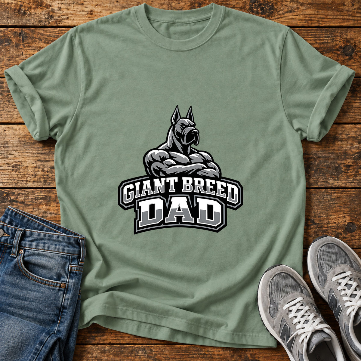Giant Breed Dad Great Dane graphic T-shirt in Sage, shown on a flat-lay shirt mockup