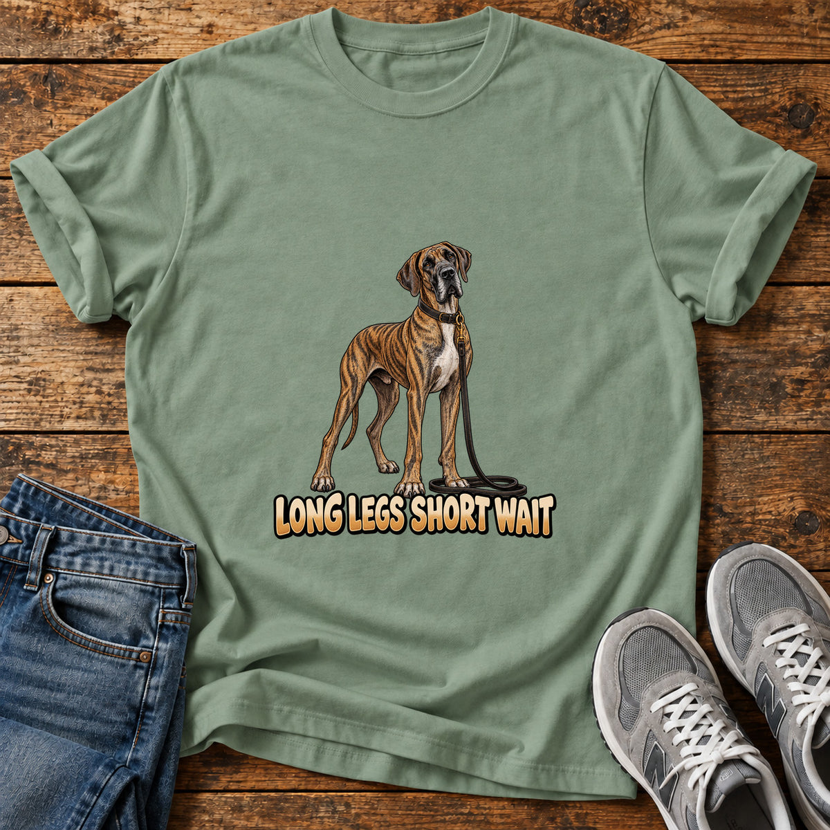 Long Legs Great Dane graphic T-shirt in Sage, shown on a flat-lay shirt mockup