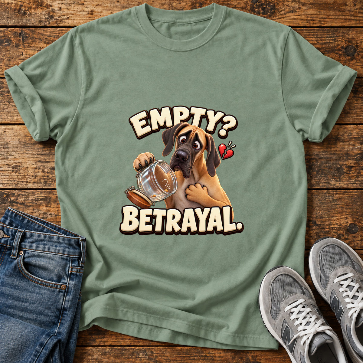 Empty Betrayal Great Dane graphic T-shirt in Sage, shown on a flat-lay shirt mockup