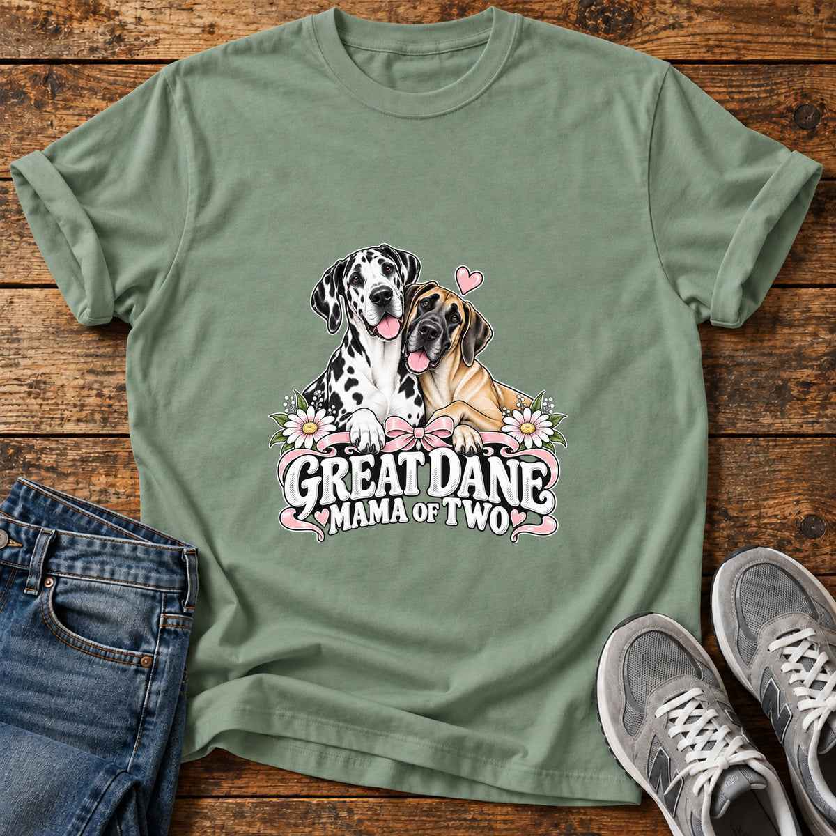 Great Dane Mama graphic T-shirt in Sage, shown on a flat-lay shirt mockup