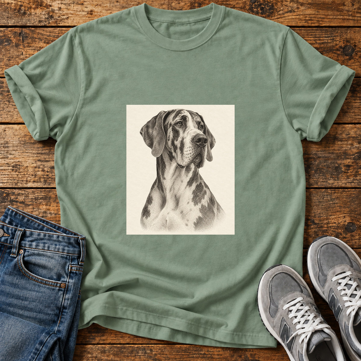 Great Dane Majesty graphic T-shirt in Sage, shown on a flat-lay shirt mockup
