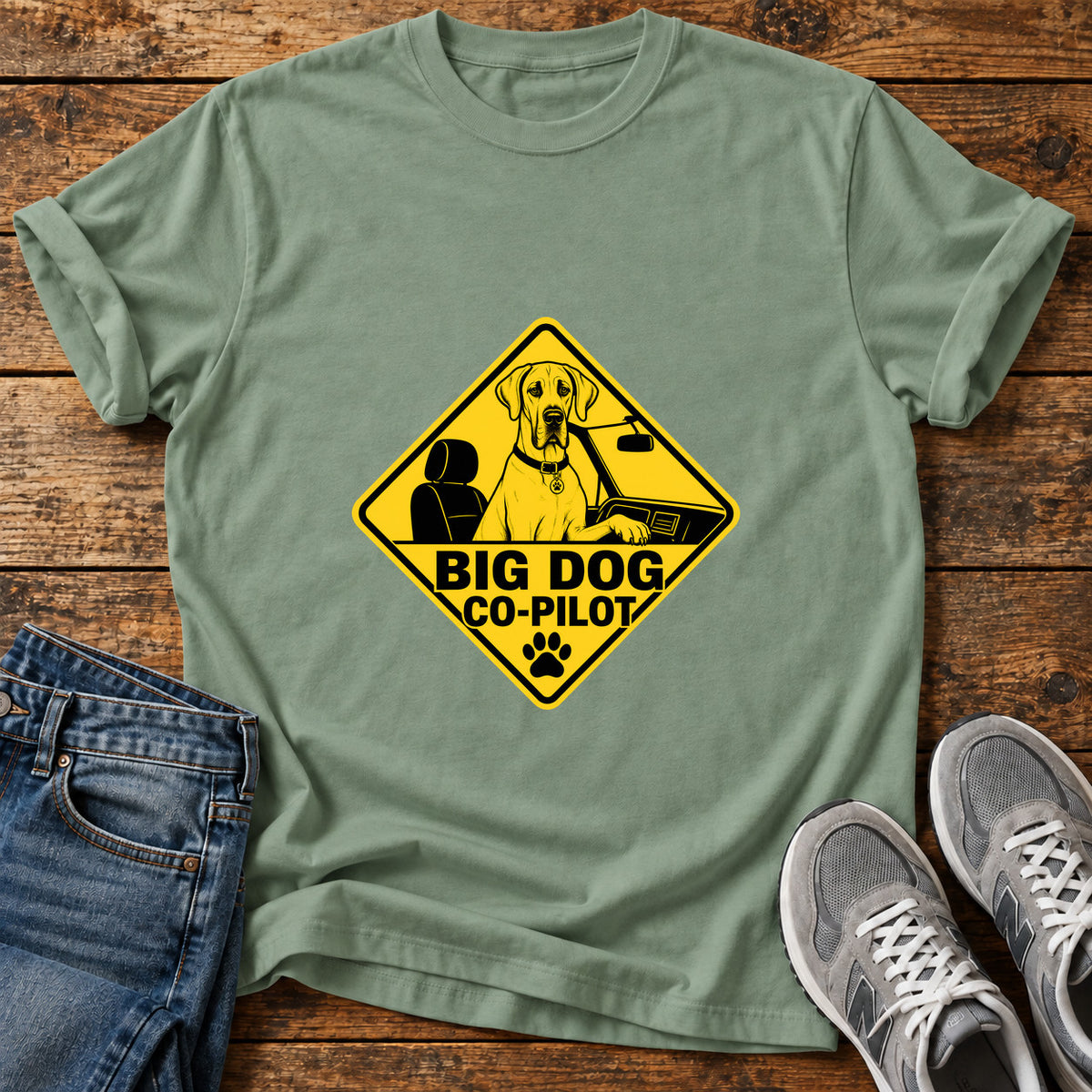 Big Dog Co-Pilot Great Dane graphic T-shirt in Sage, shown on a flat-lay shirt mockup