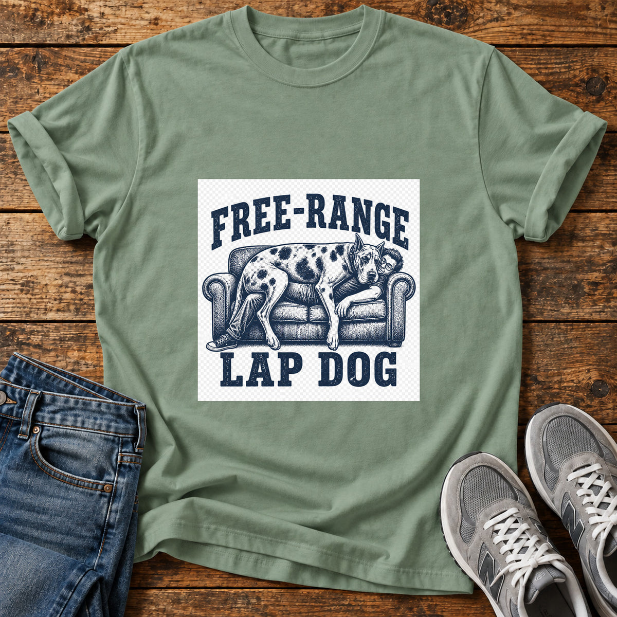 Free-Range Lap Dog Great Dane graphic T-shirt in Sage, shown on a flat-lay shirt mockup