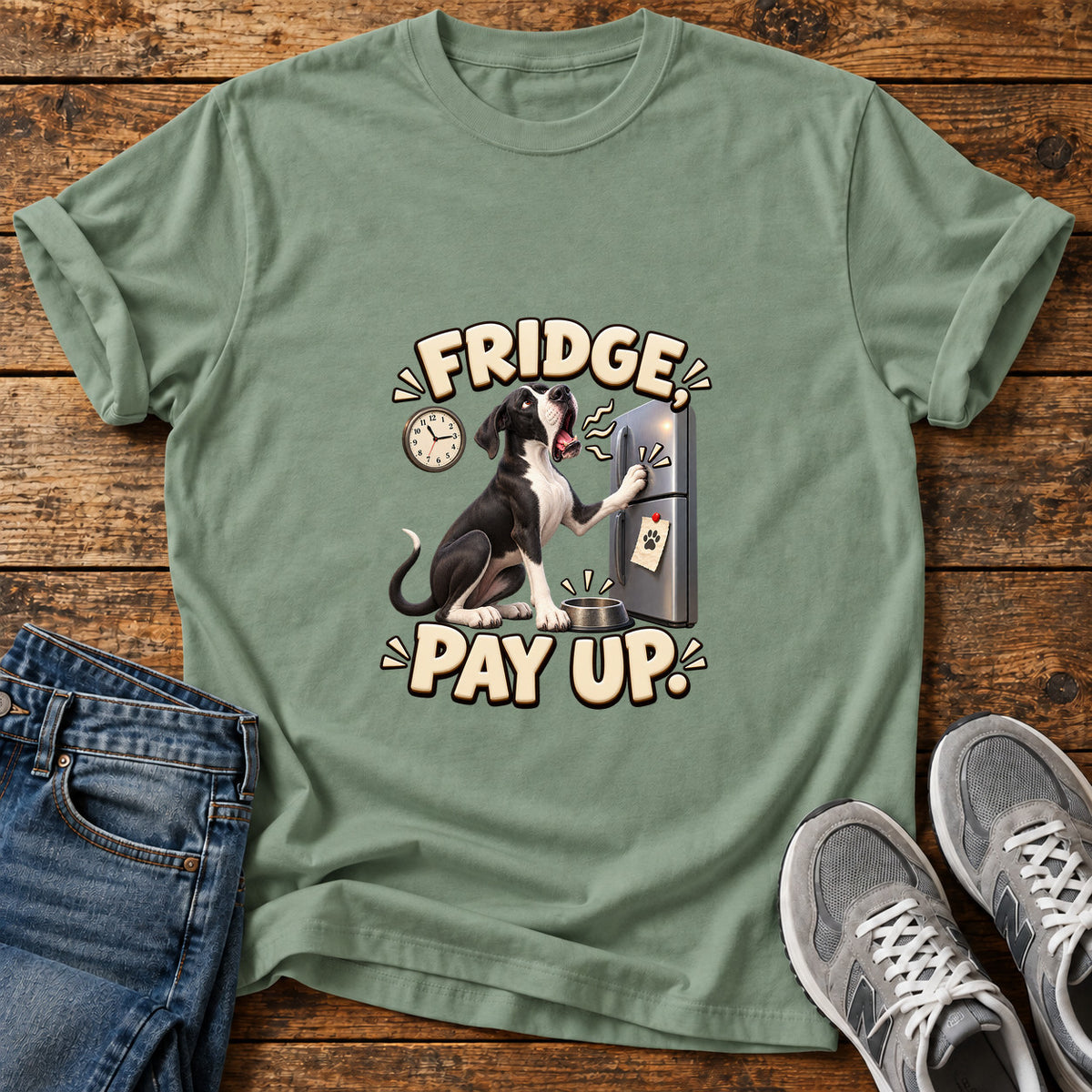 Fridge Pay Up Great Dane graphic T-shirt in Sage, shown on a flat-lay shirt mockup